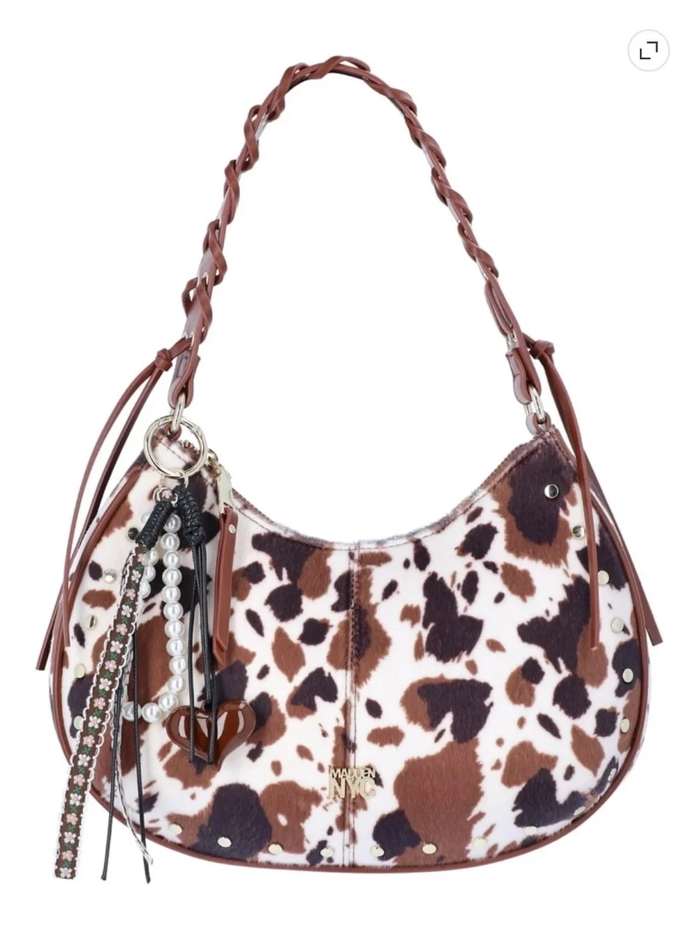 Madden NYC Cow Print Half Moon Stud Shoulder Bag with Charms - NWT